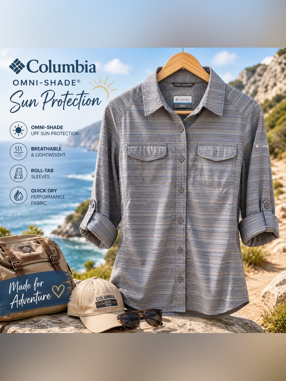 Columbia Omni-Shade Button Up Shirt Striped Hiking Outdoor Sun Protection Vented